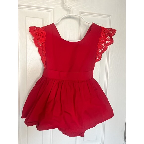 Baby Girl Red Romper with Bow and Lace details 12-18 Months - Picture 3 of 8